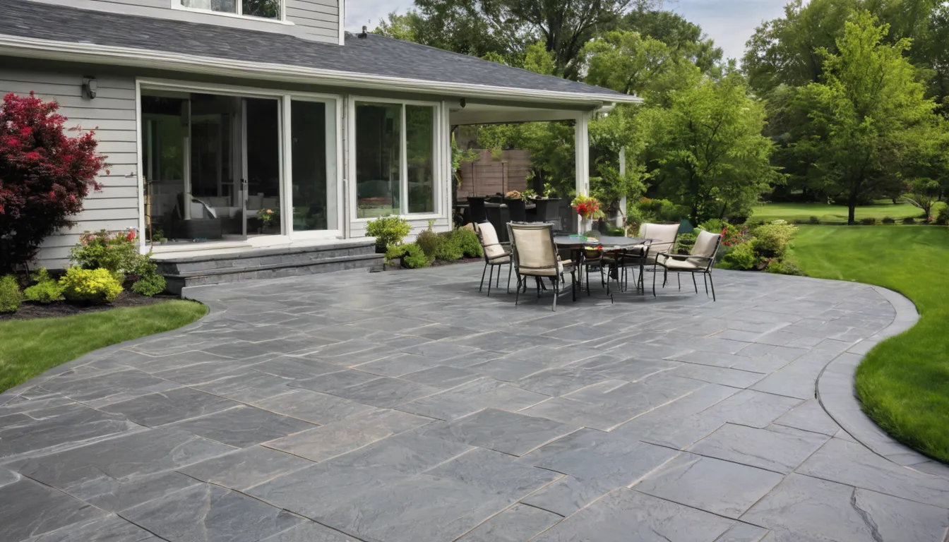 Stamped concrete patio with a slate pattern behind a frame home near Independence